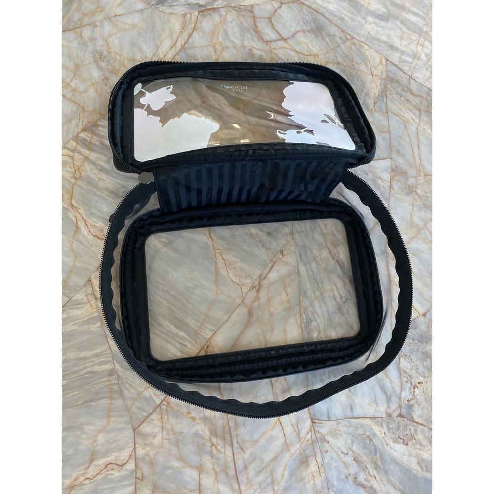 Victorias Secret Floral Clear Makeup Bag Black Trim Travel Cosmetic Pouch - Picture 7 of 13
